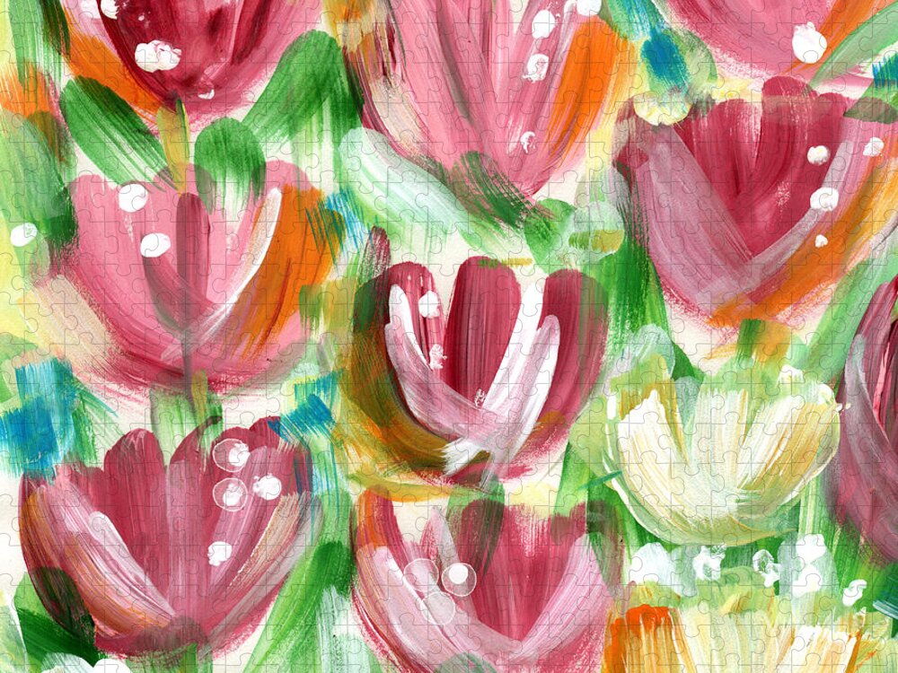 Tulips Jigsaw Puzzle featuring the painting Delightful Tulip Garden by Linda Woods