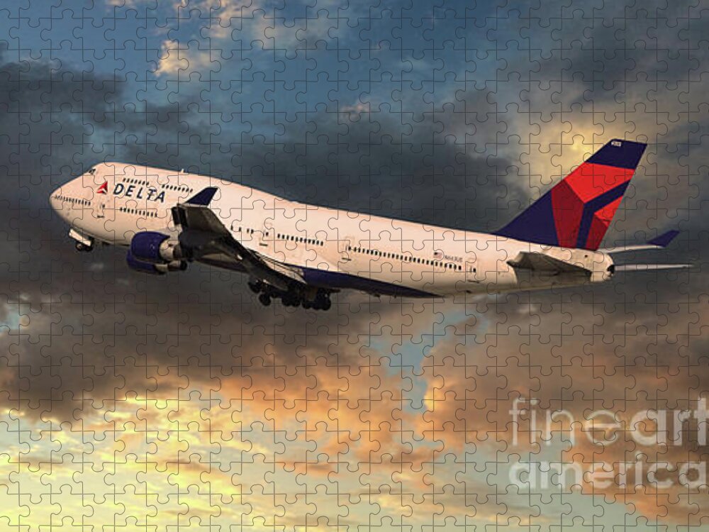 Delta Jigsaw Puzzle featuring the digital art Delta Airlines Boeing 747 N633US by Airpower Art