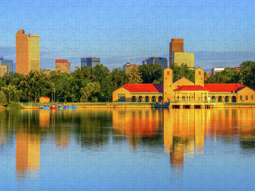 America Jigsaw Puzzle featuring the photograph Denver Skyline and City Park Lake Reflections by Gregory Ballos