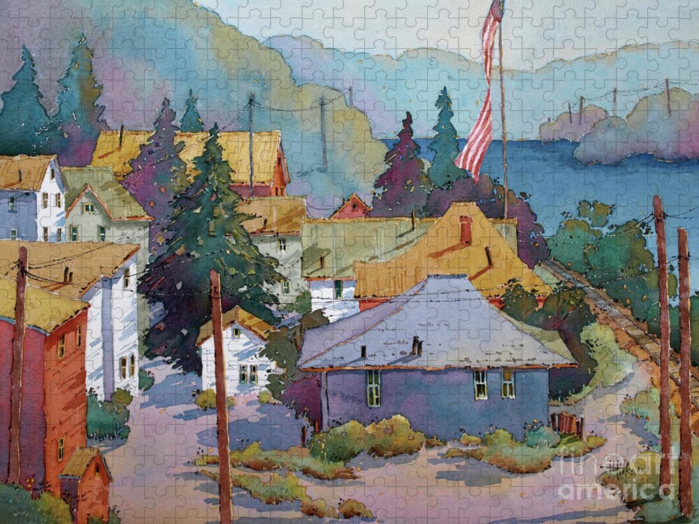 Train Jigsaw Puzzle featuring the painting Depot by the River by Joyce Hicks