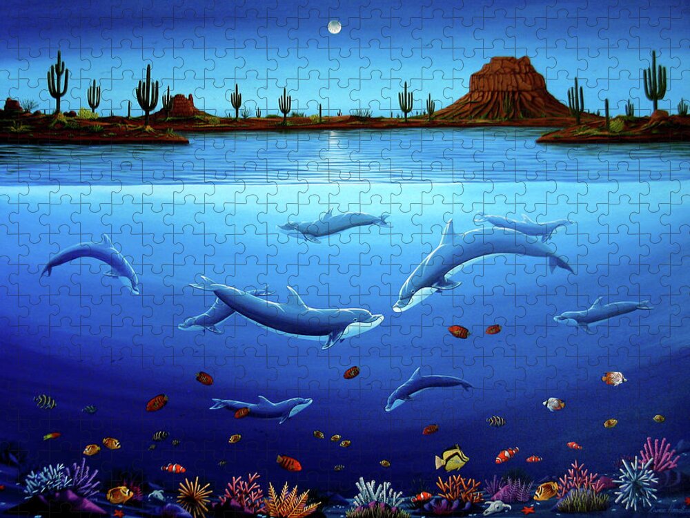 Ocean Jigsaw Puzzle featuring the painting Desert Dolphins by Lance Headlee