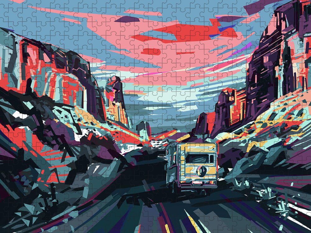 Road Jigsaw Puzzle featuring the digital art Desert Road Landscape by Bekim M