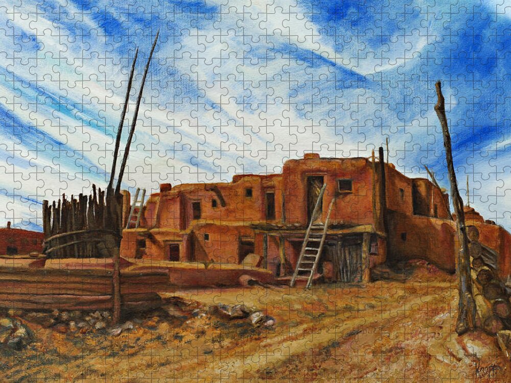 Adobe Living Jigsaw Puzzle featuring the painting Desert Village New Mexico by Kathy Knopp