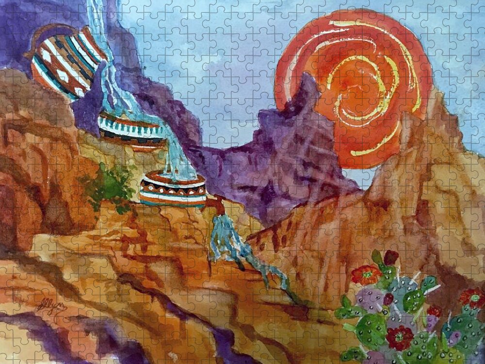 Desert Jigsaw Puzzle featuring the painting Desert Waterfall by Ellen Levinson
