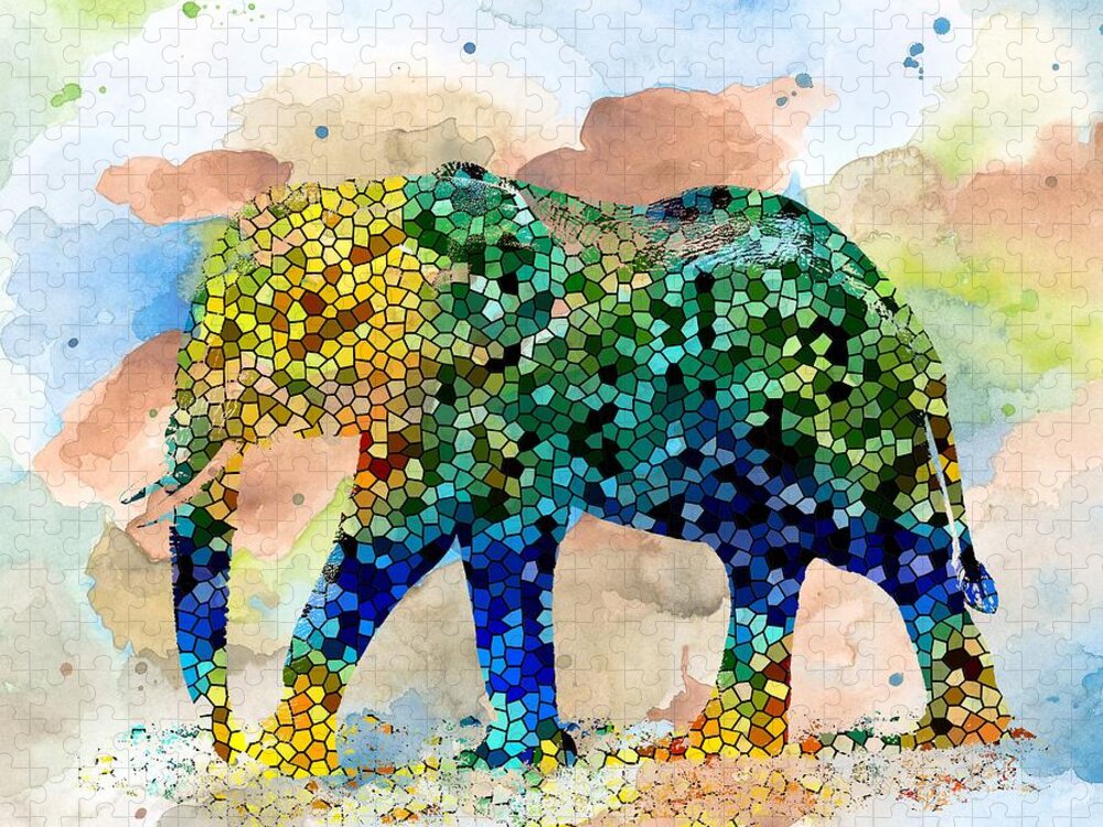 Mosaic Jigsaw Puzzle featuring the painting Design 37 Mosaic Elephant by Lucie Dumas