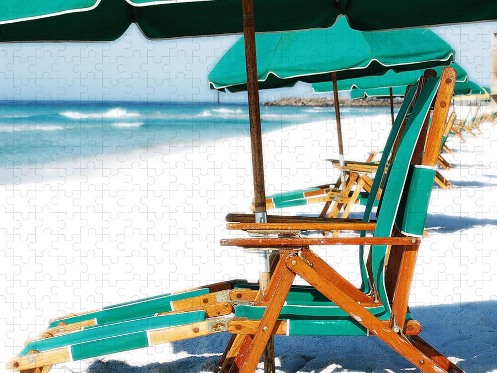 Destin Jigsaw Puzzle featuring the photograph Destin Florida Beach Chairs and Green Umbrellas Square Format Diffuse Glow Digital Art by Shawn O'Brien