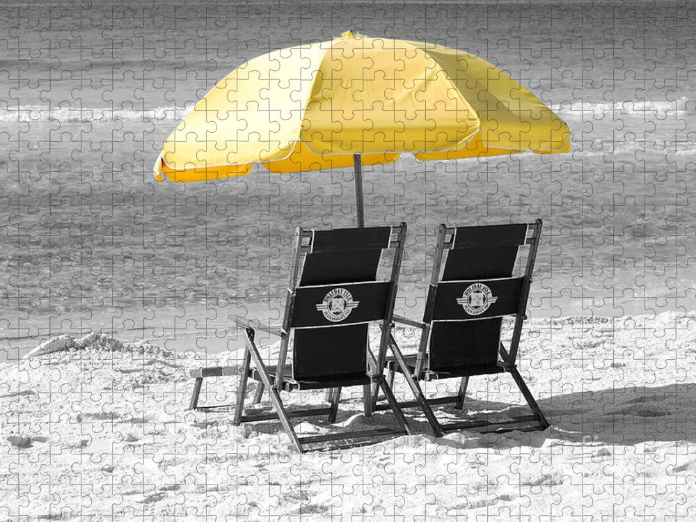 Destin Jigsaw Puzzle featuring the photograph Destin Florida Beach Chairs and Yellow Umbrella Color Splash Black and White by Shawn O'Brien