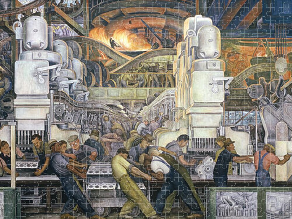Machinery; Factory; Production Line; Labour; Worker; Male; Industrial Age; Technology; Automobile; Interior; Manufacturing; Work; Detroit Industry Jigsaw Puzzle featuring the painting Detroit Industry  North Wall by Diego Rivera