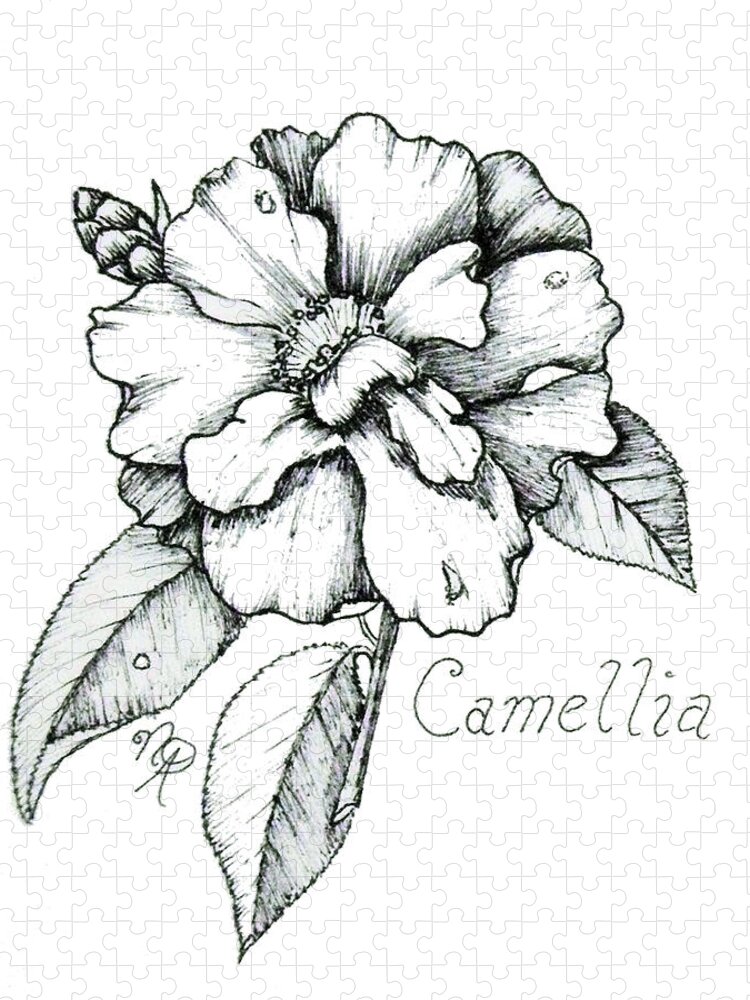 Camellia Jigsaw Puzzle featuring the drawing Dew Kissed Camellia by Nicole Angell