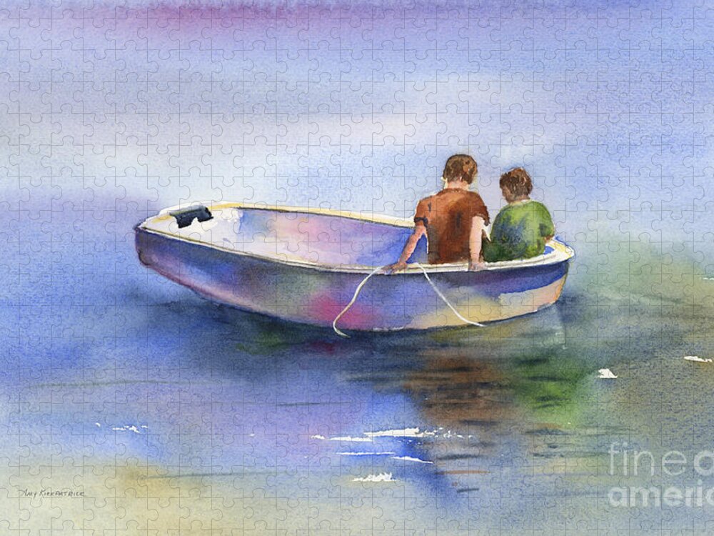 Boat Jigsaw Puzzle featuring the painting Dinghy Conversation by Amy Kirkpatrick