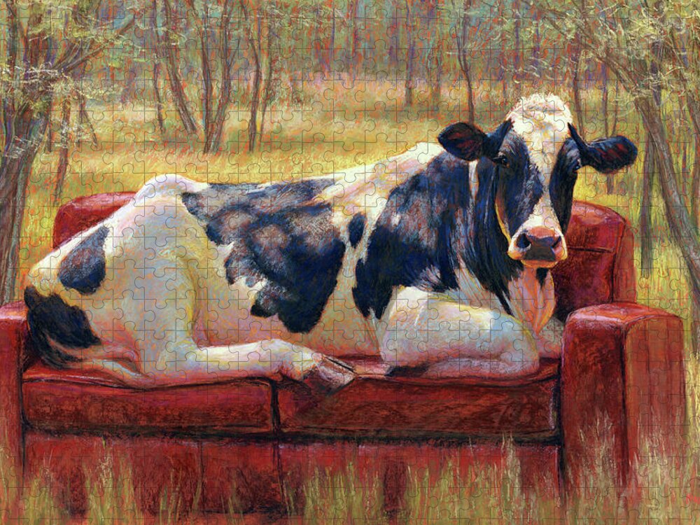 Cow Holstein Woods Landscape Animals Goddess Sunlight Bovine Pastel Black White Jigsaw Puzzle featuring the pastel Diva Bovina by Rita Kirkman