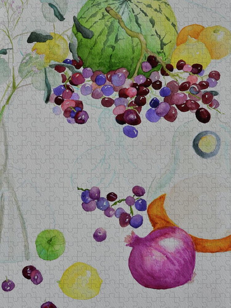 Still Life Jigsaw Puzzle featuring the painting Django's Grapes by Beverley Harper Tinsley