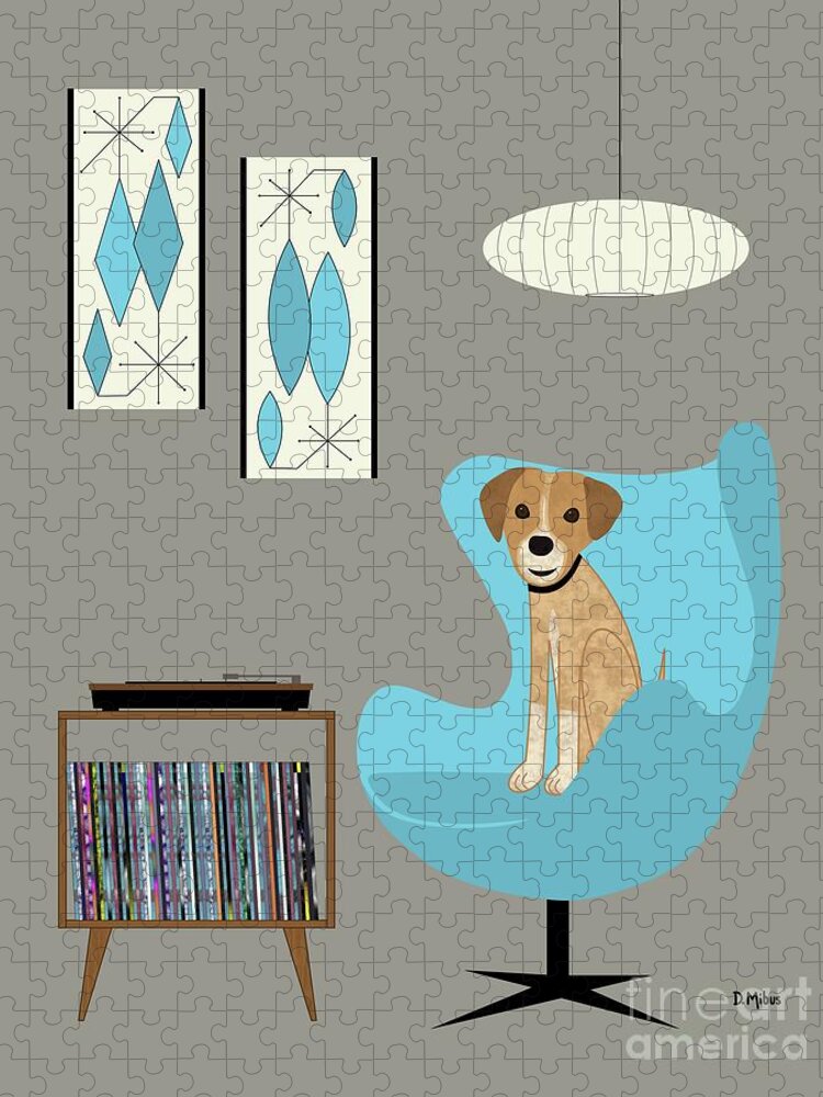 Mid Century Chair Jigsaw Puzzle featuring the digital art Dog in Egg Chair by Donna Mibus