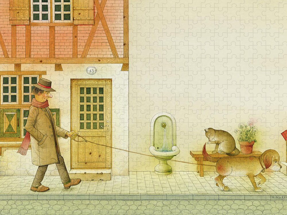 Dog Life City Old Town Street Cat House Illustration Children Book Drawing Animals Jigsaw Puzzle featuring the painting Dogs Life10 by Kestutis Kasparavicius