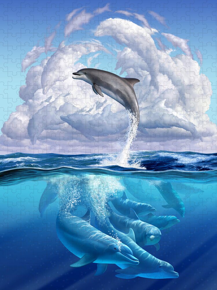 Dolphins Puzzle featuring the digital art Dolphonic Symphony by Jerry LoFaro