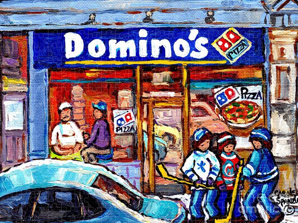 Montreal Jigsaw Puzzle featuring the painting Domino's Pizza Montreal Storefront And Restaurant Painting Winter Hockey Scene Carole Spandau Art  by Carole Spandau