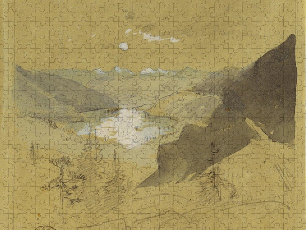 Thomas Moran Jigsaw Puzzle featuring the drawing Donner Lake, 1879 by Thomas Moran