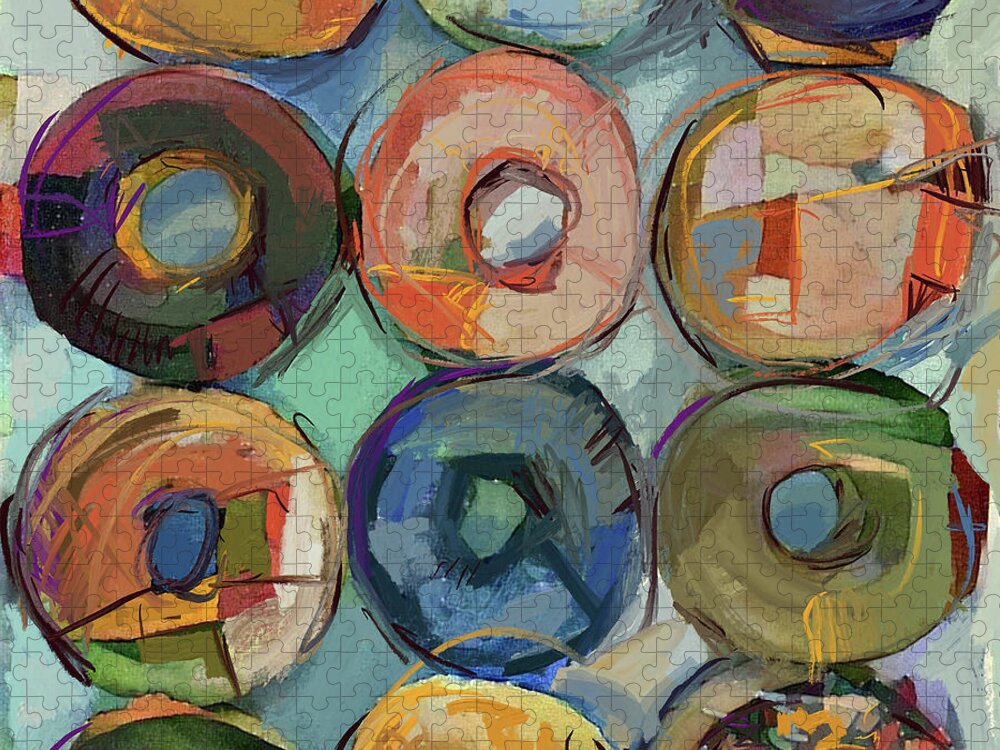 Abstract Jigsaw Puzzle featuring the mixed media Donuts Galore by Russell Pierce