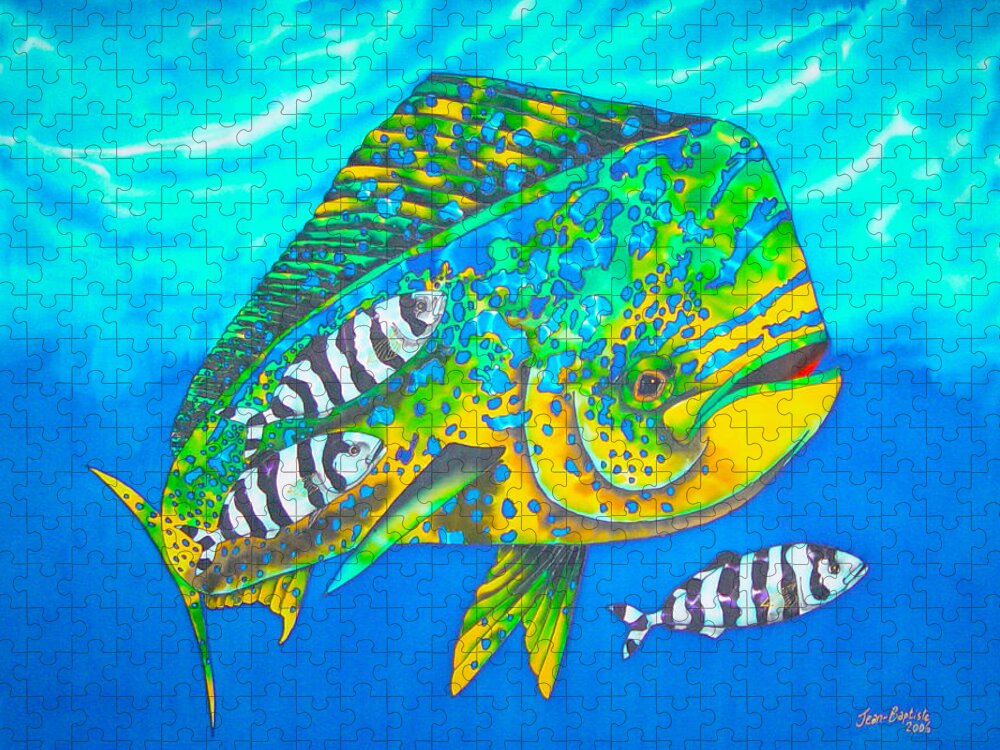 Sea Jigsaw Puzzle featuring the painting Dorado and Pilot Fish - Mahi Mahi Fish by Daniel Jean-Baptiste