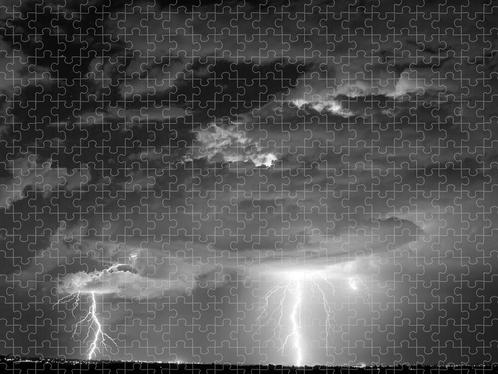 City Jigsaw Puzzle featuring the photograph Double Lightning Strikes in Black and White by James BO Insogna