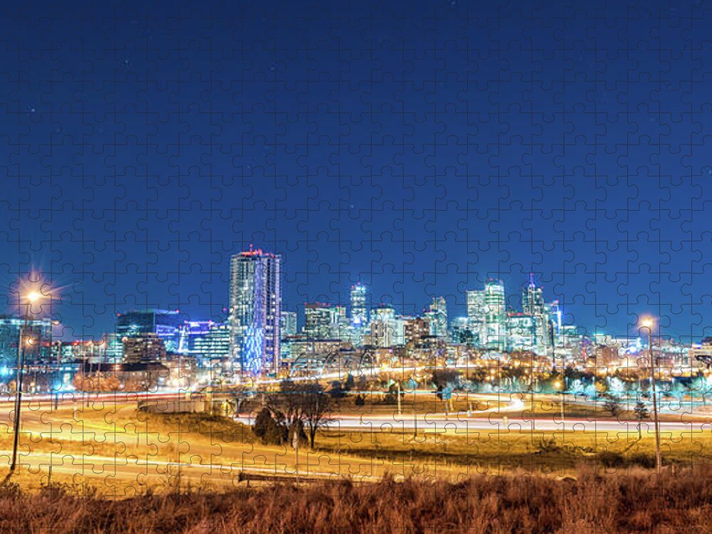 Denver Jigsaw Puzzle featuring the photograph Downtown Denver Under the stars by Greg Wyatt