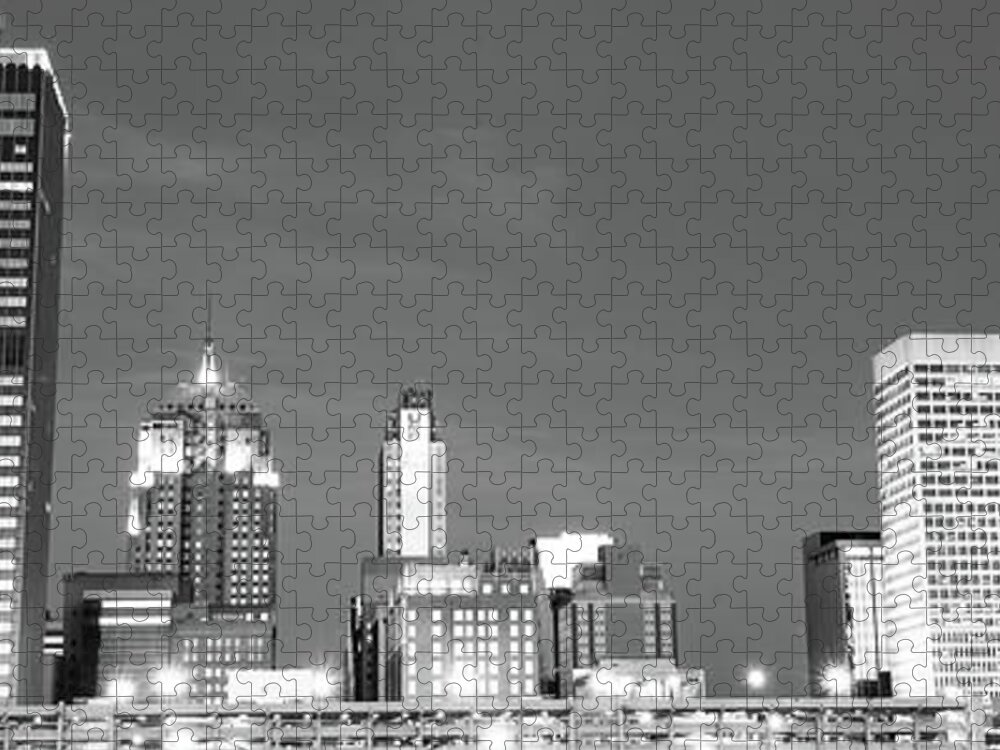 Oklahoma City Black And White Jigsaw Puzzle featuring the photograph Downtown Oklahoma City Skyline Panorama - Black and White by Gregory Ballos