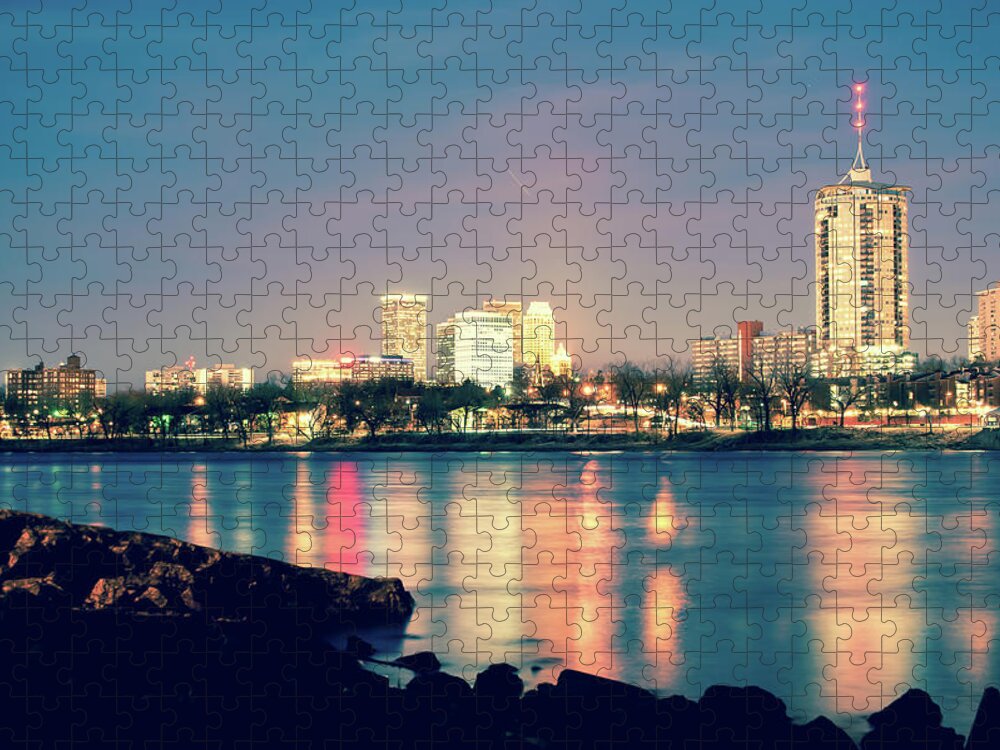 America Jigsaw Puzzle featuring the photograph Downtown Tulsa Skyline on The Arkansas River by Gregory Ballos