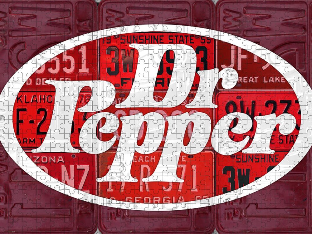 Dr Pepper Jigsaw Puzzle featuring the mixed media Dr Pepper Soda Pop Beverage Vintage Retro Logo Recycled License Plate Art by Design Turnpike