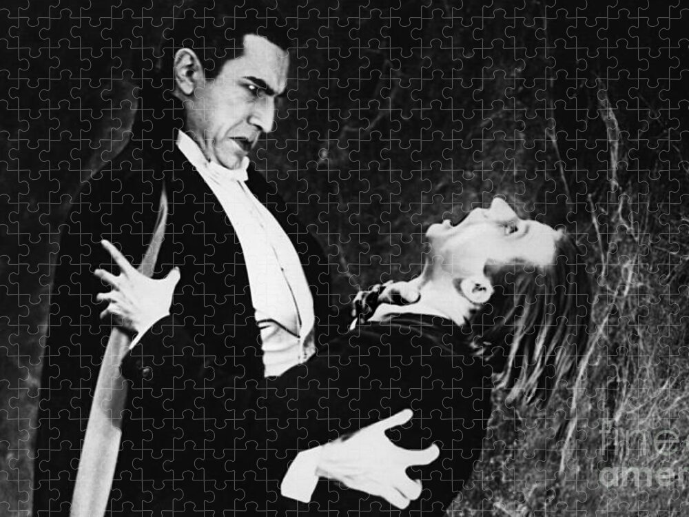 Dracula Jigsaw Puzzle featuring the photograph Dracula murdering an unlucky fellow classic movie by Vintage Collectables
