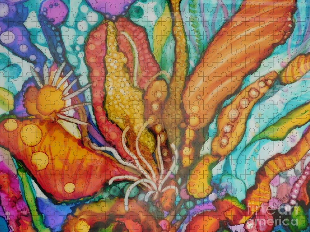 First Place Winner - Rainbow Colored Inks Explode To Create This Vibrant Abstract Flower. It Is Approximately 11 X 14 And Is Matted To Fit A Standard 16 X 20 Frame. Jigsaw Puzzle featuring the painting Dragon Dance by Joan Clear