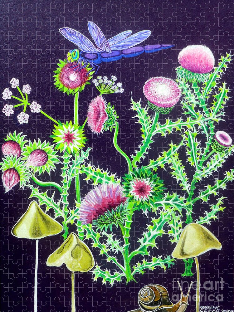 Thistle Jigsaw Puzzle featuring the painting Dragonfly Thistle and Snail by Genevieve Esson