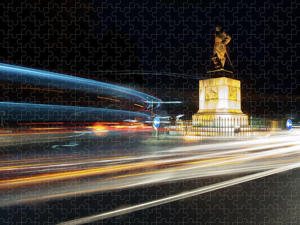 Helen Northcott Jigsaw Puzzle featuring the photograph Drakes Statue Traffic Trails by Helen Jackson