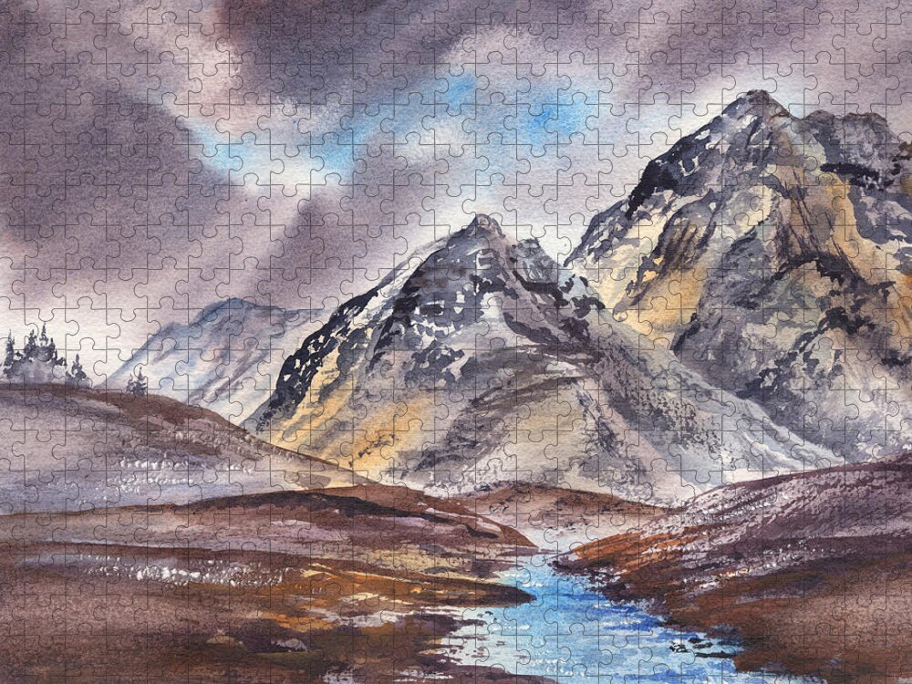 Mountains River Jigsaw Puzzle featuring the painting Dramatic Landscape With Mountains by Irina Sztukowski
