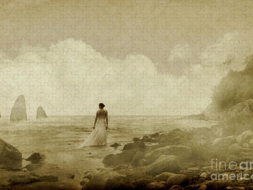 Woman Jigsaw Puzzle featuring the photograph Dramatic seascape and woman by Clayton Bastiani