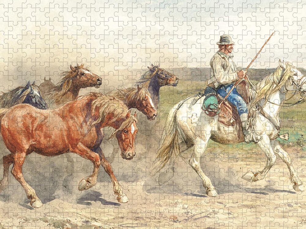 Droving Jigsaw Puzzle featuring the painting Droving Horses in the Roman Campagna by Enrico Coleman