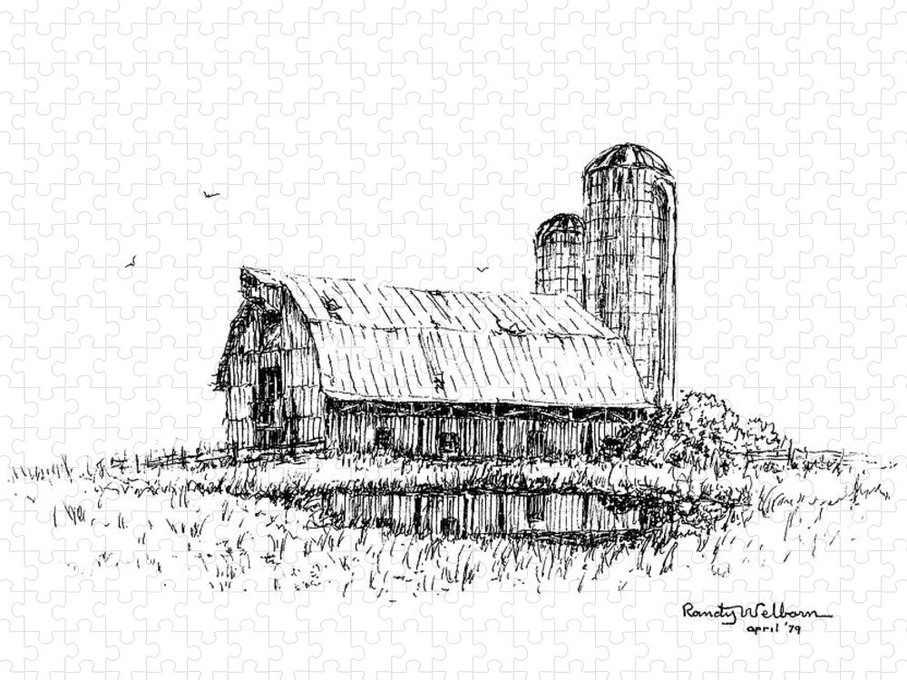 Silos Jigsaw Puzzle featuring the drawing Dual Silos by Randy Welborn