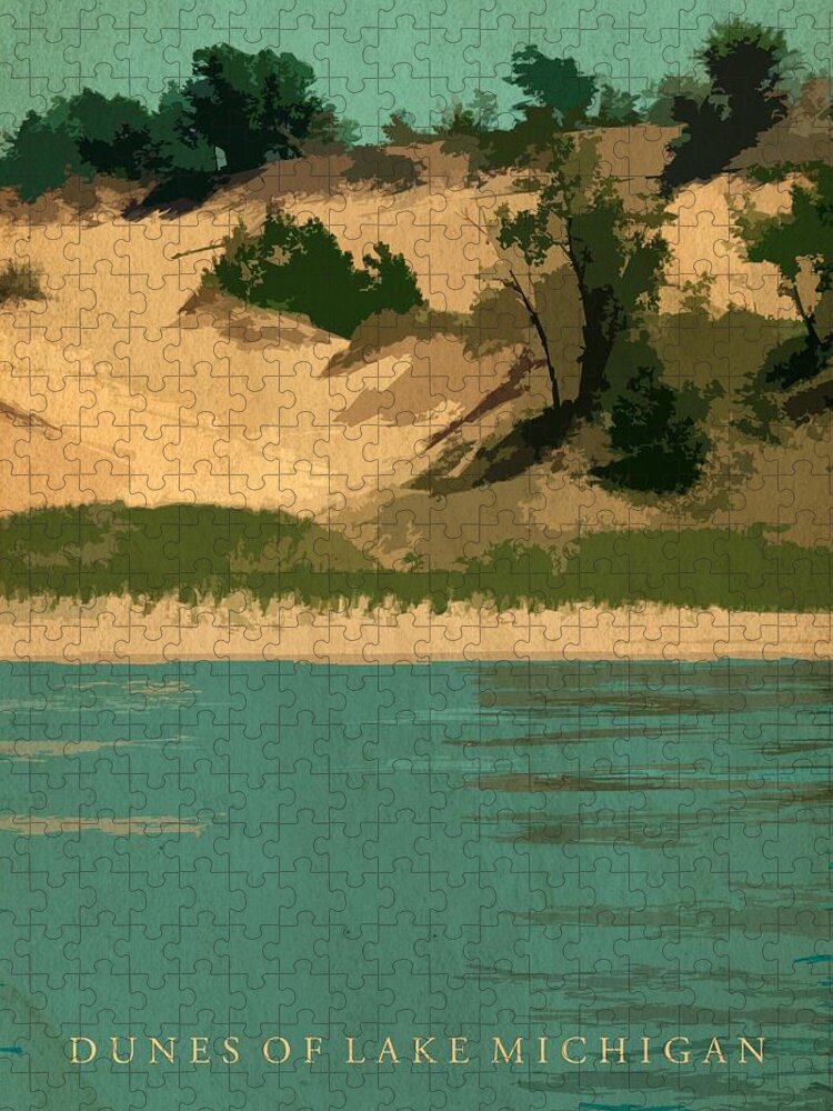 Shore Jigsaw Puzzle featuring the digital art Dunes of Lake Michigan Antiqued by Michelle Calkins
