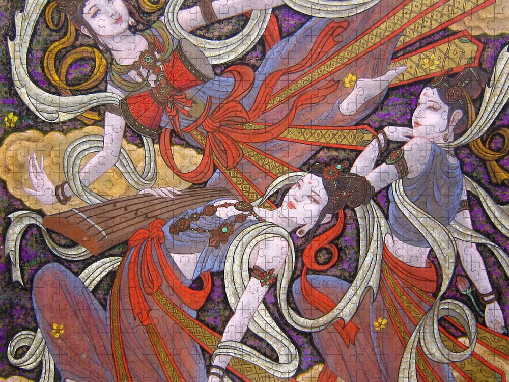 Dunhuang Jigsaw Puzzle featuring the drawing Dunhuang flying dance-Heavy color drawing-Traditional Chinese painting    by Artto Pan