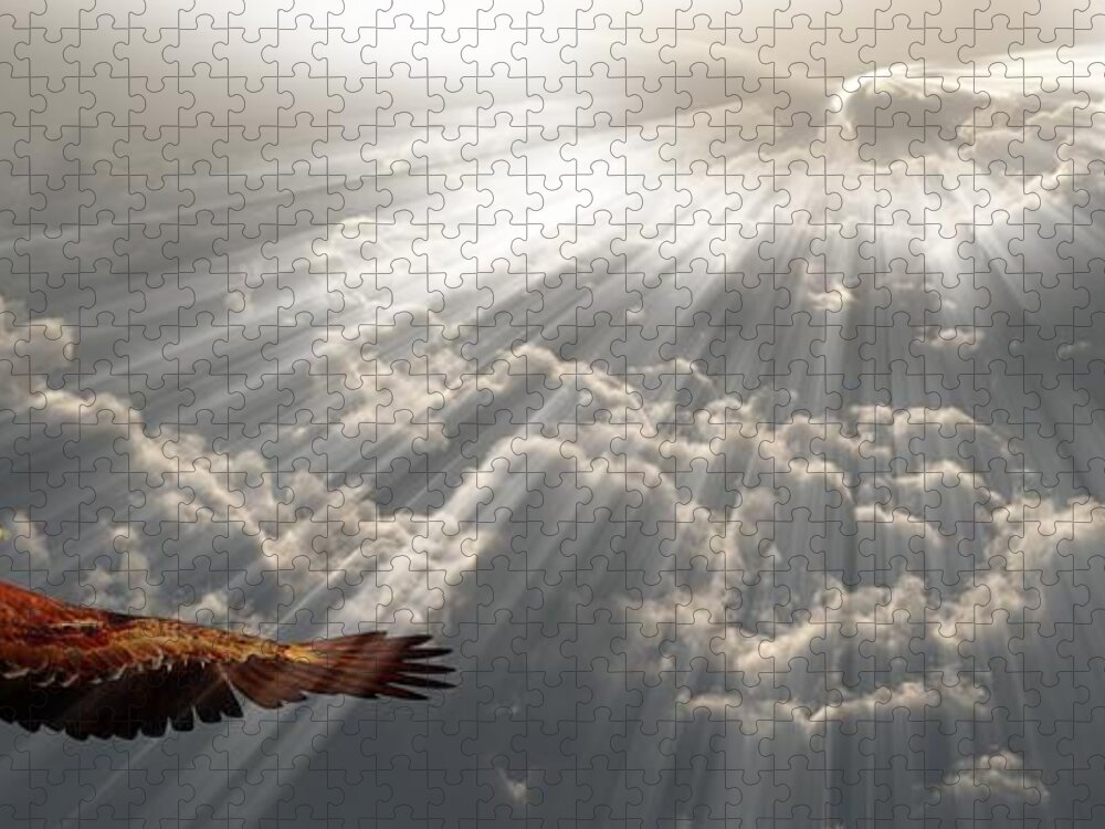 Eagle Jigsaw Puzzle featuring the digital art Eagle in flight above the clouds by Bruce Rolff