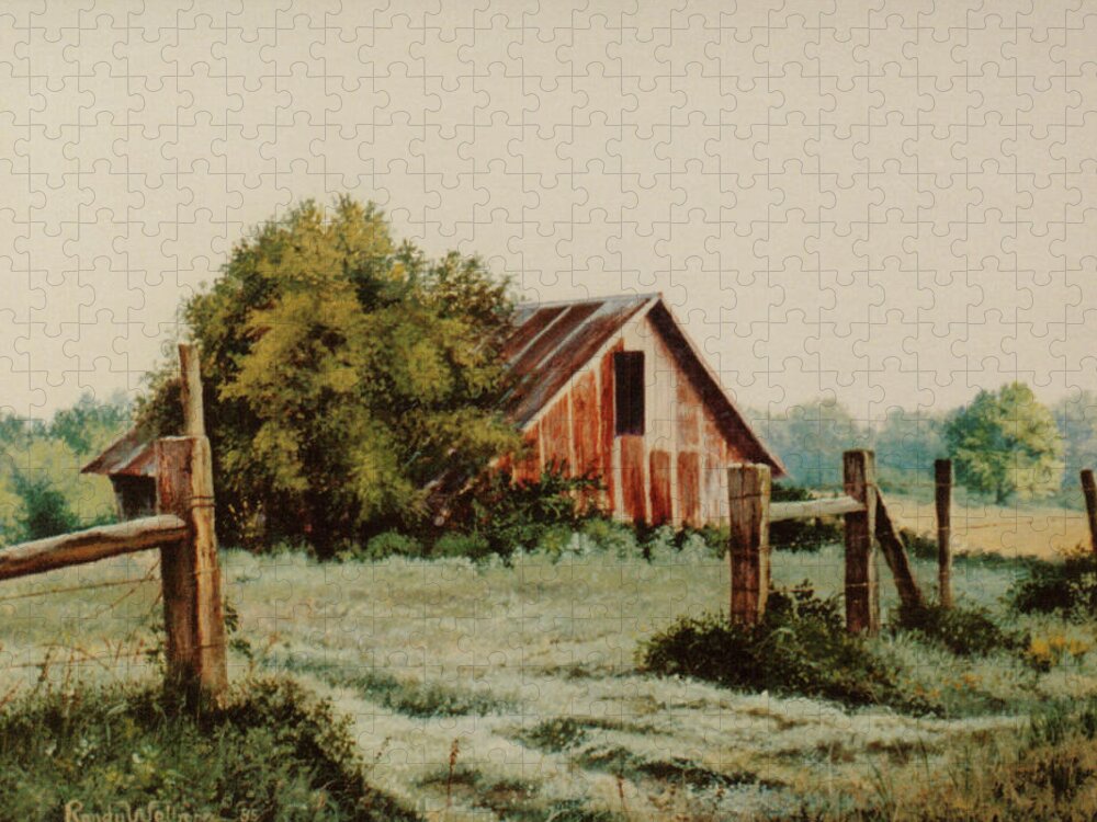 Barn Jigsaw Puzzle featuring the painting Early Morning in East Texas by Randy Welborn