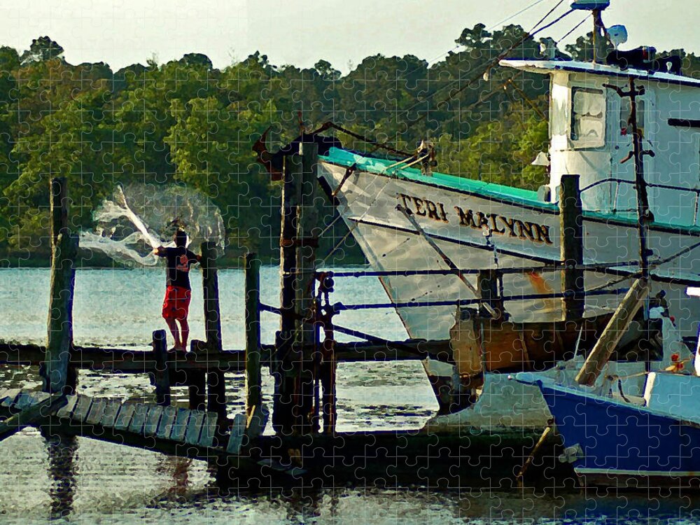 Shrimp Boat Jigsaw Puzzle featuring the painting Early Morning Net Toss by Michael Thomas