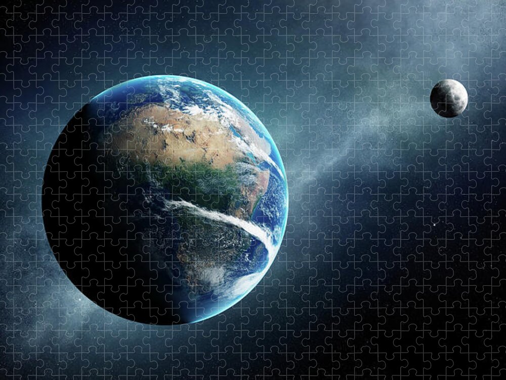 Earth Jigsaw Puzzle featuring the digital art Earth and moon space view by Johan Swanepoel
