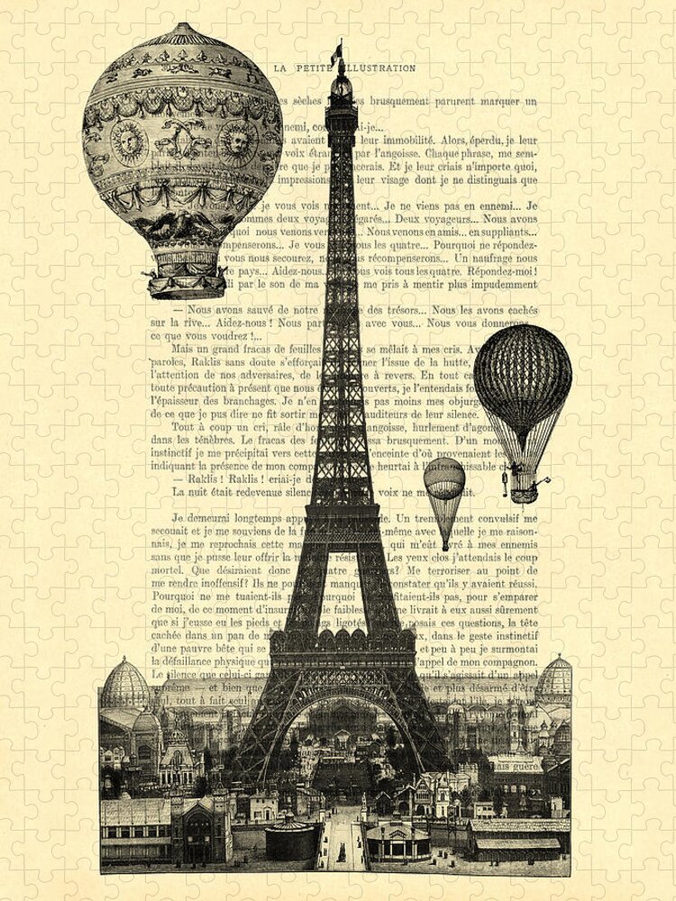 Eiffel Tower Jigsaw Puzzle featuring the digital art Eiffel Tower and hot air balloons by Madame Memento