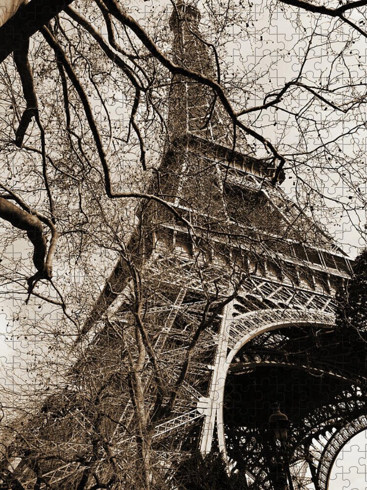 Eiffel Tower Jigsaw Puzzle featuring the photograph Eiffel Tower through a Myriad of Branches Paris France Sepia by Shawn O'Brien