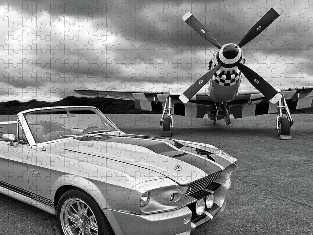 Mustang Jigsaw Puzzle featuring the photograph Eleanor Mustang with P51 Black and White by Gill Billington
