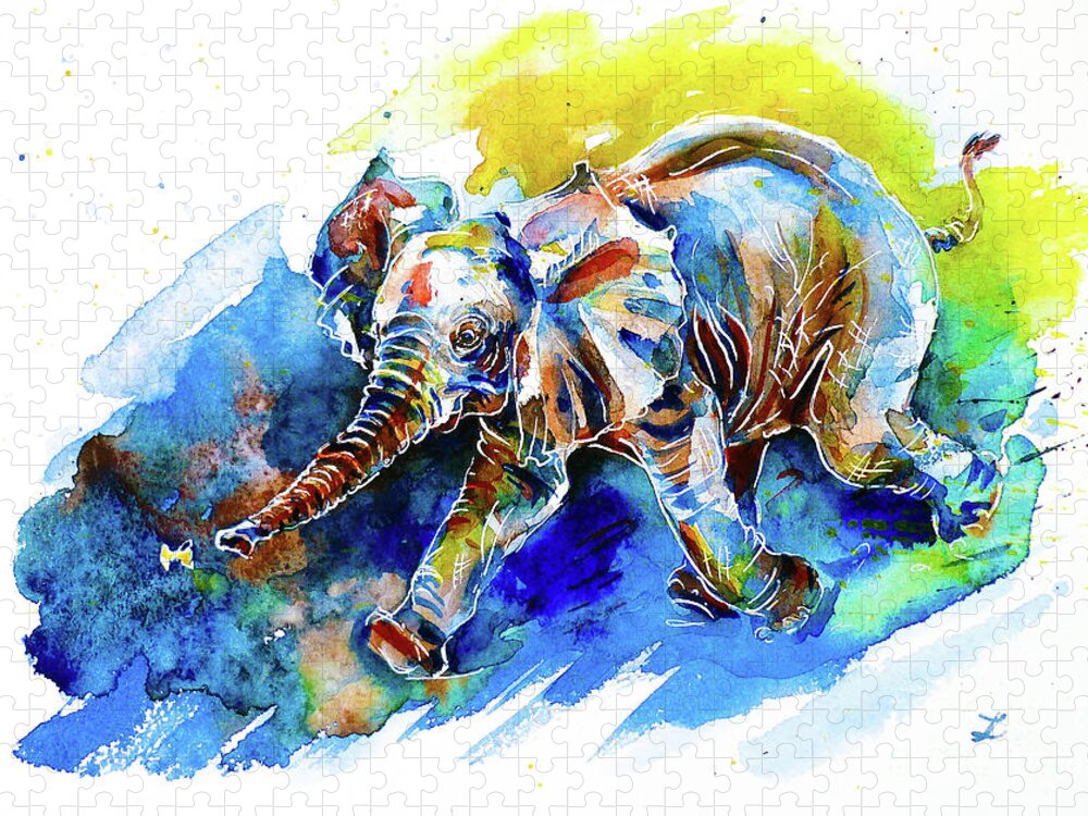 Elephant Jigsaw Puzzle featuring the painting Elephant Calf playing with Butterfly by Zaira Dzhaubaeva