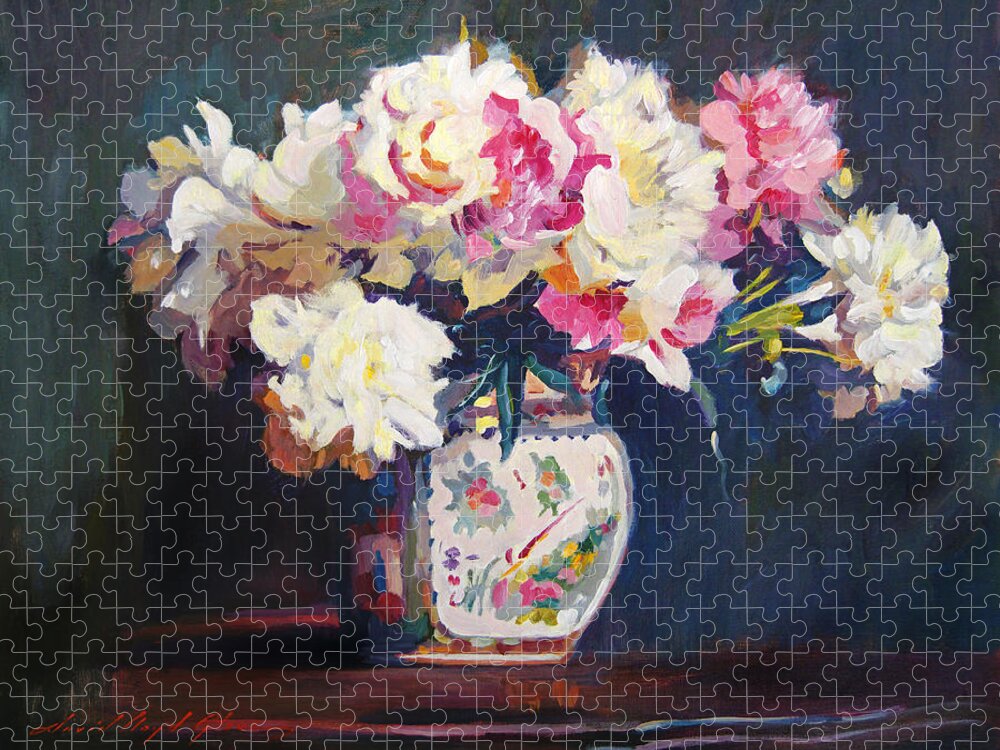Still Life Jigsaw Puzzle featuring the painting Elizabeth's Peonies by David Lloyd Glover