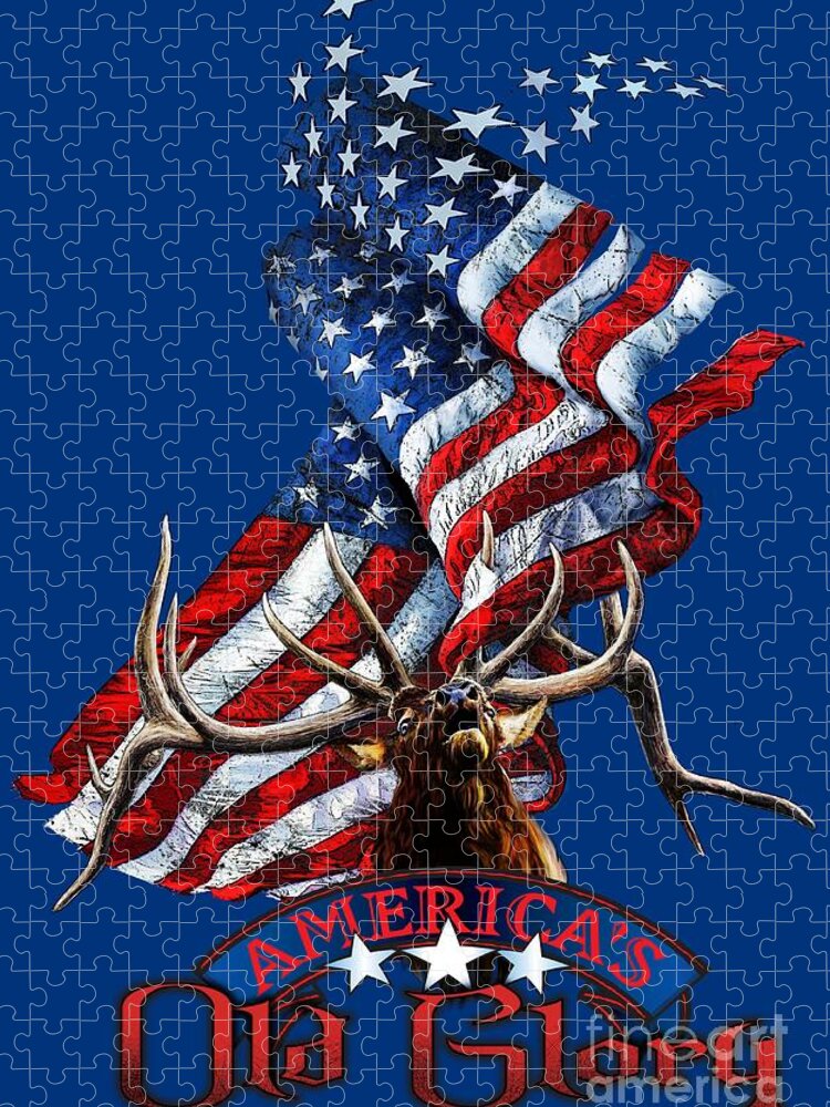 Elk Jigsaw Puzzle featuring the drawing Elk Old Glory by Robert Corsetti