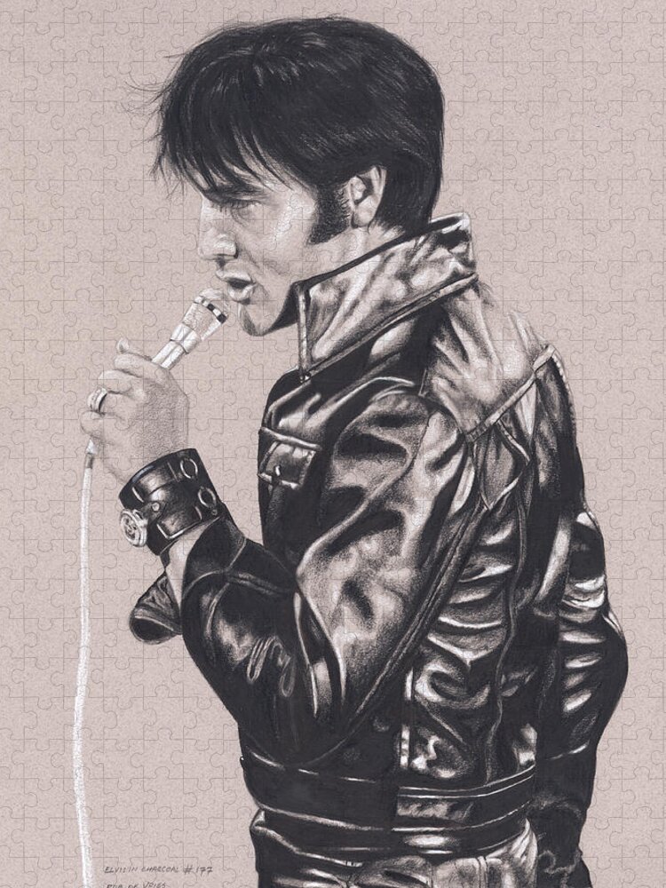 Elvis Jigsaw Puzzle featuring the drawing Elvis in Charcoal #177, No title by Rob De Vries