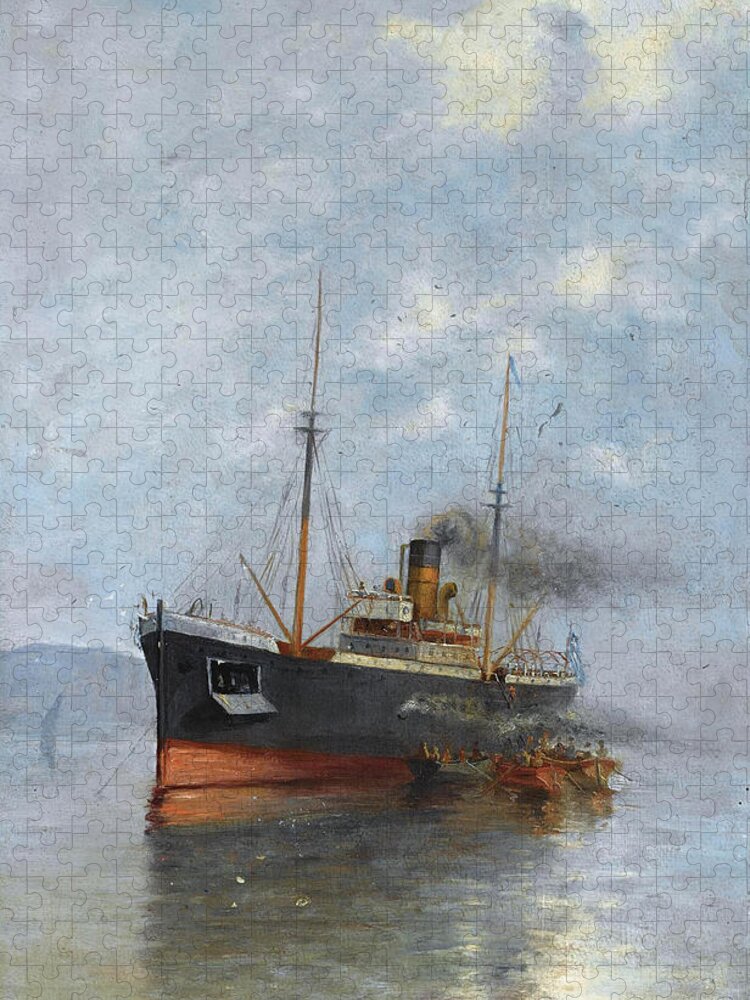 Vasilios Chatzis Jigsaw Puzzle featuring the painting Embraking the Steamship by Vasilios Chatzis